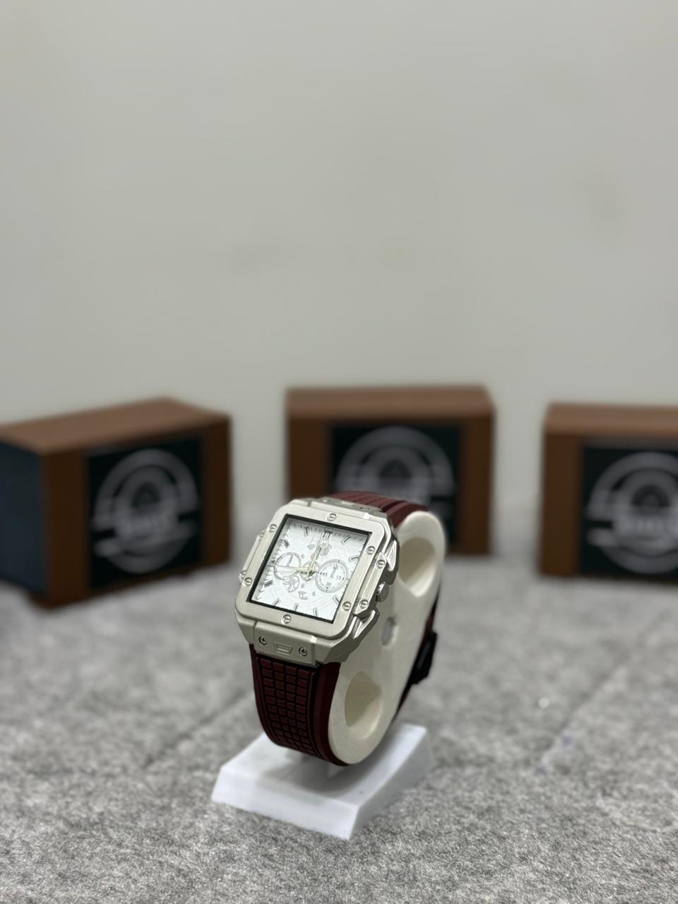 Makran Signature Box – Luxury Square Chronograph Watch with Maroon Rubber Strap