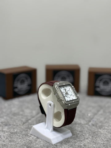 Makran Signature Box – Luxury Square Chronograph Watch with Maroon Rubber Strap