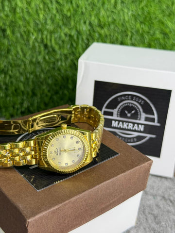 Makran Gold Luxury Quartz Watch for Women – Elegant Diamond Dial with Premium Bracelet