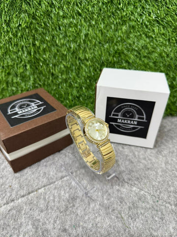 Makran Elegant Gold Women’s Watch – Luxury Diamond Bezel Quartz Bracelet Watch